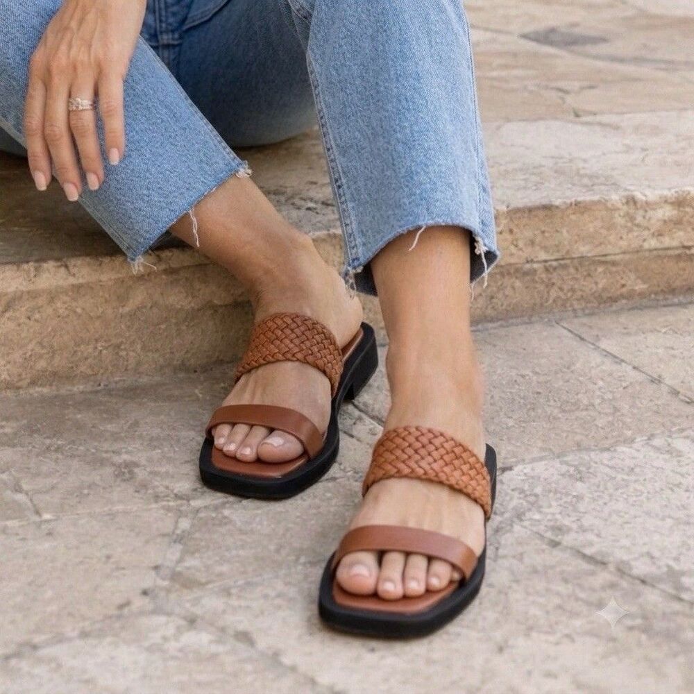Aerosoles St. Lukes Woven Braided Slide Sandals Brown Leather Square Toe Size 8